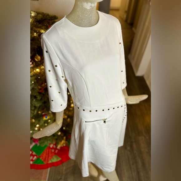 Wrong Side of Right White Long Sleeve Dress w/ Gold Studs. Size Large - Picture 2 of 15